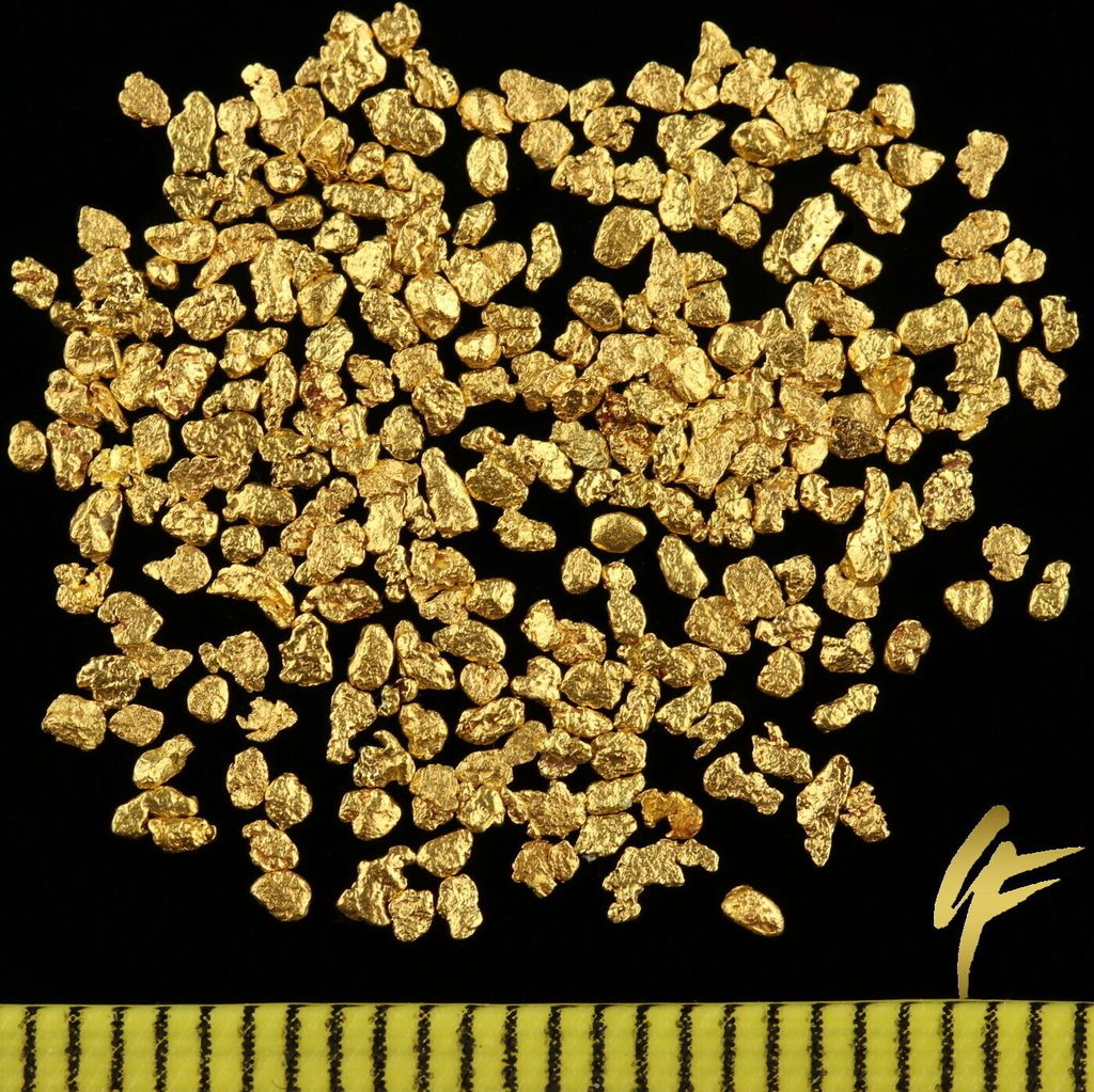 A pile of gold nuggets on a black background with a ruler at the bottom.