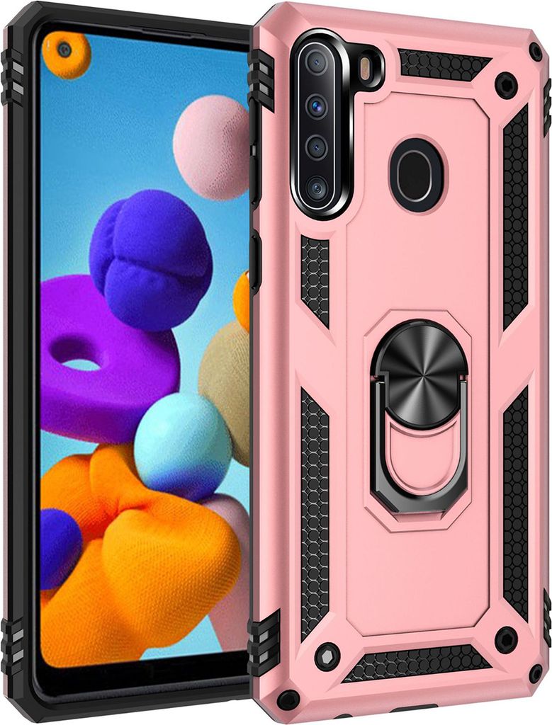 LaimTop Schutzhülle für Samsung A21, Dual Layer Robust Militäre Fallschutz Hülle mit Ringhalterung Ständer für Samsung Galaxy A21 Roségold