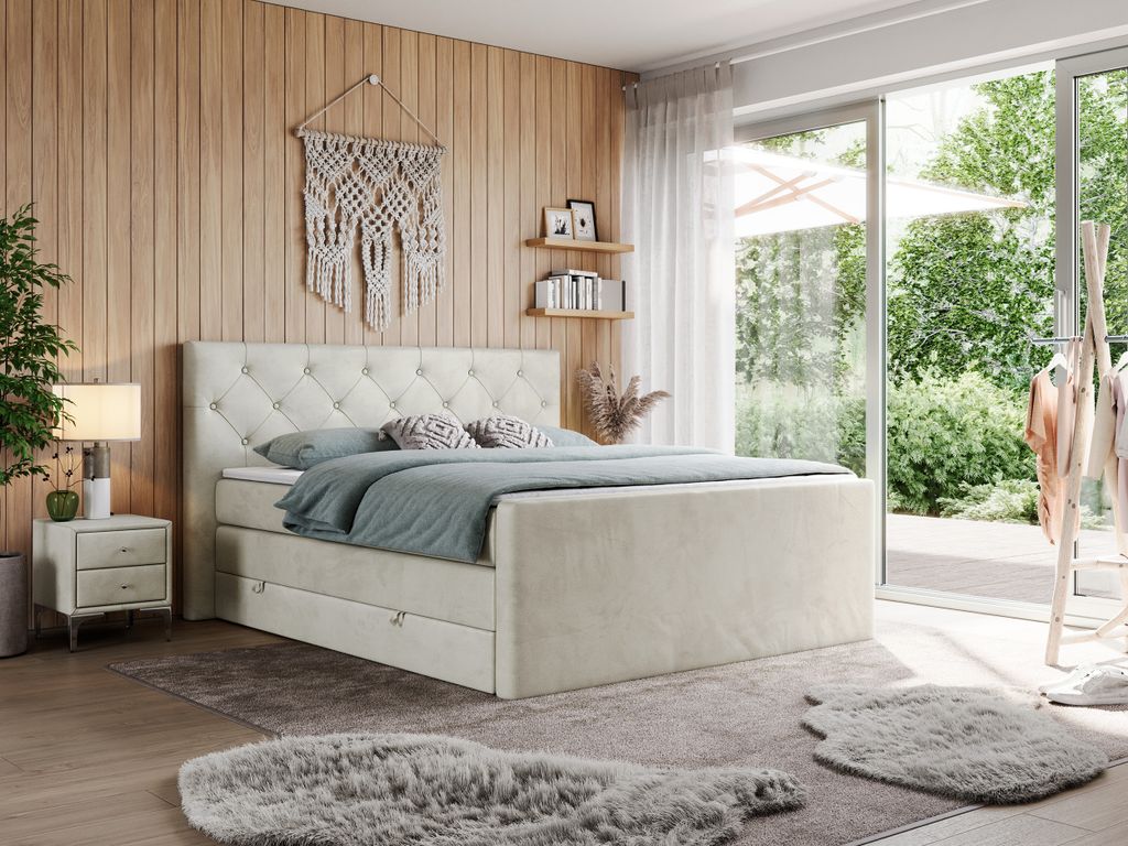 Doppelbett mit Multipocket-Matratze und Topper, boxspringbett mit Bettkästen - KING VELEN - 180x200cm - Beige - H3