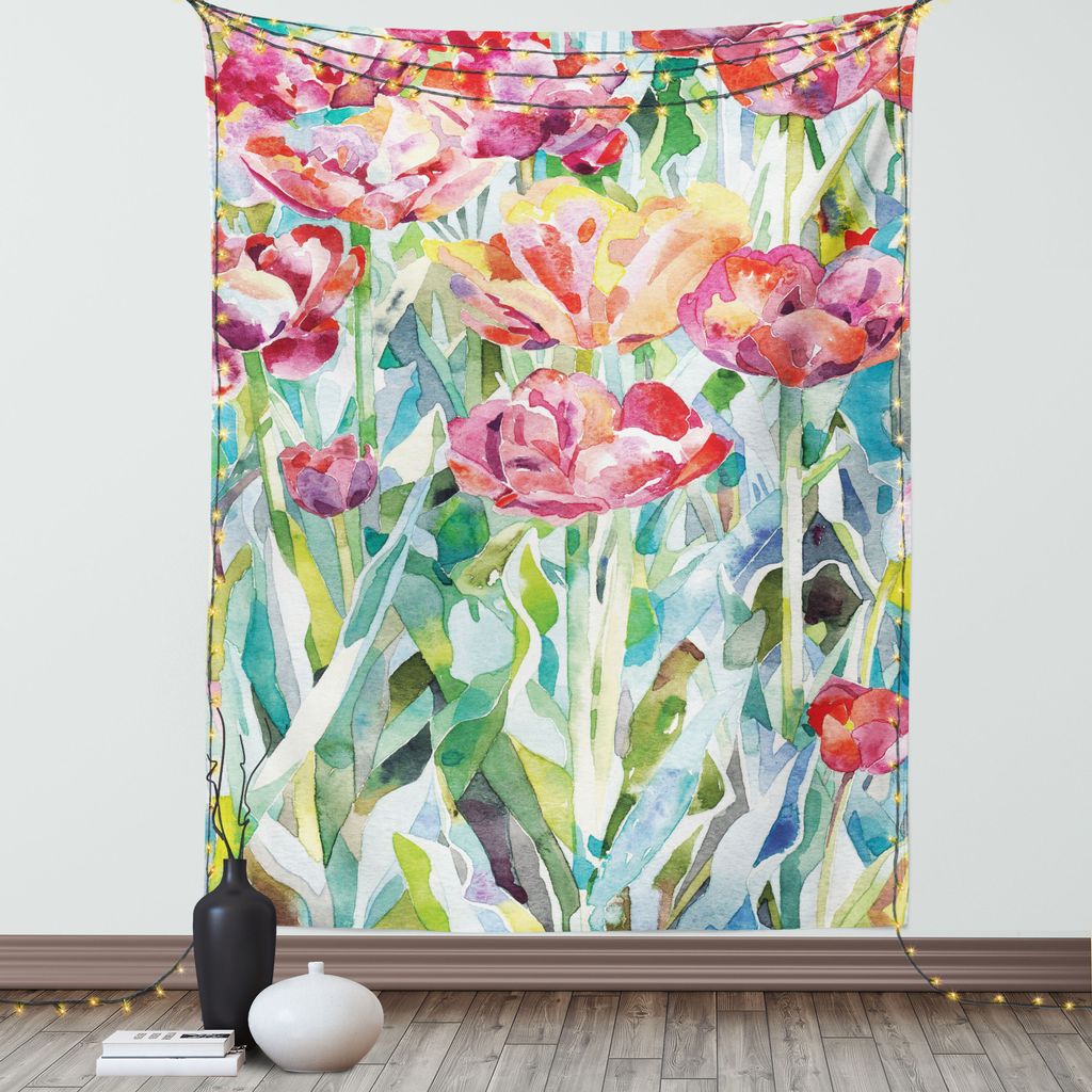 ABAKUHAUS Aquarell-Blumen Wandteppich, Gemälde Von Sommer Frühlings Blumen In Verbalen Farben Blumenjahreszeitdruck, Wohnzimmer Schlafzimmer Seid...