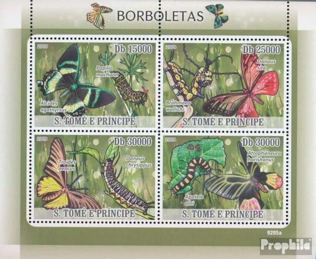 Briefmarken Sao Tome e Principe 2009 Mi 3851-3854 Kleinbogen (kompl. Ausgabe) postfrisch Schmetterlinge & Maden