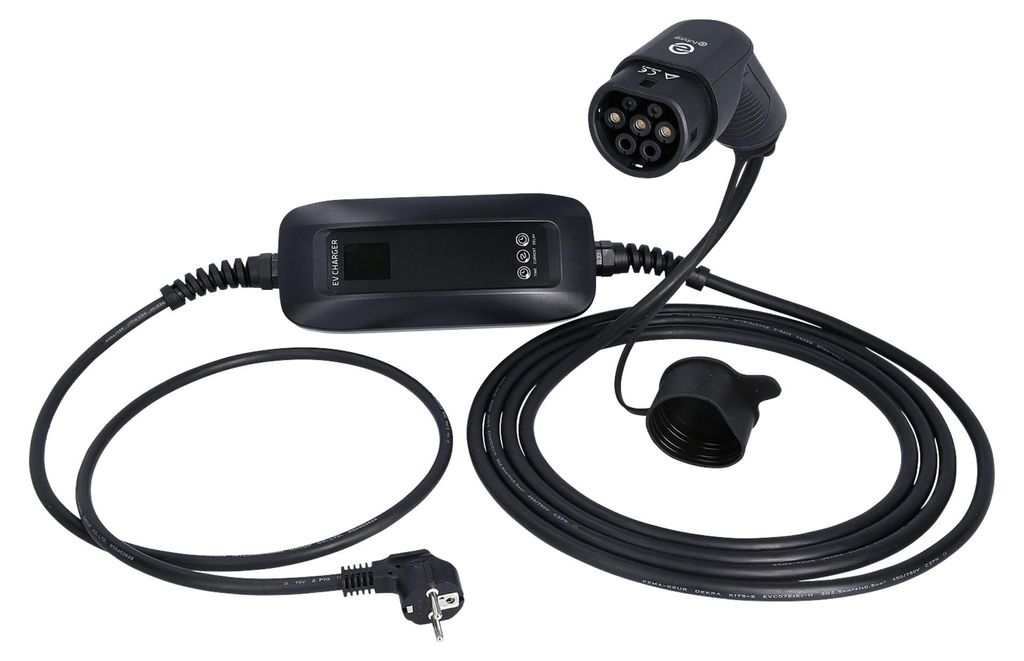 efuturo mobile Ladestation mit Typ 2 Ladekabel, 1 Phase, bis zu 3,7 kW, bis zu 16 A, 230 V, Mode 2, LCD Display, Schuko-Stecker