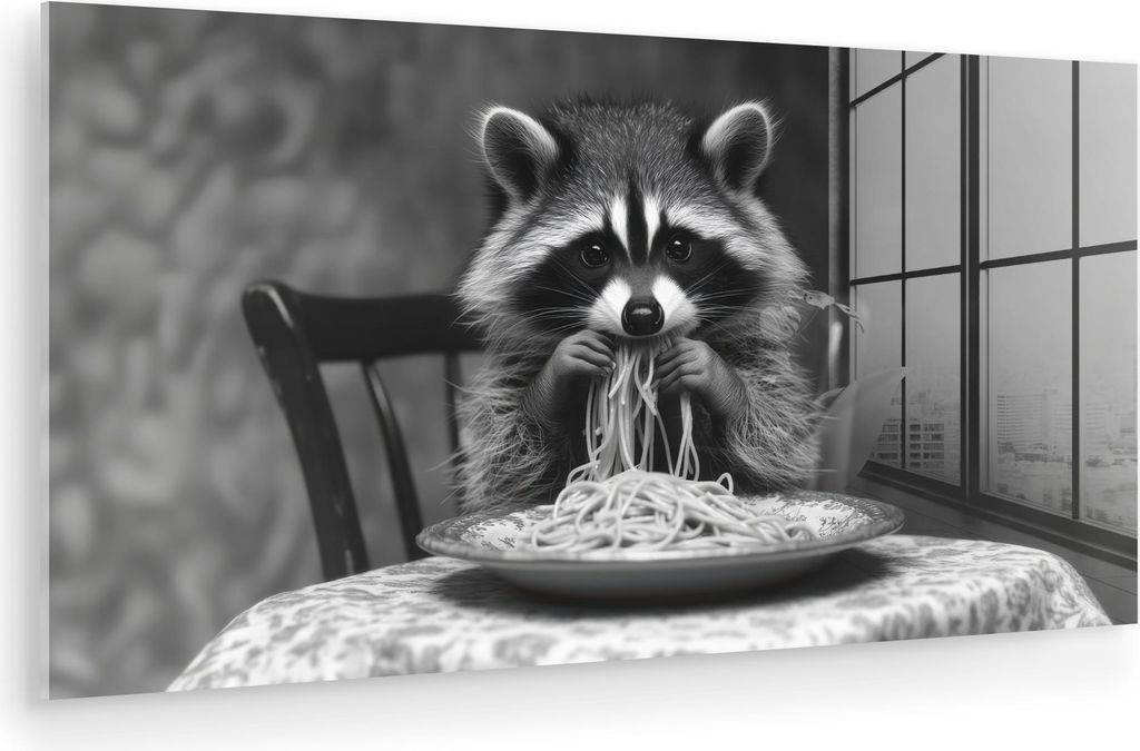 MuchoWow Glasbilder - Bilder auf Wandbild - Foto auf Glas Waschbär - Niedlich - Pasta - Tischtuch - Schwarz - Weiß 120x60 cm Wanddekoration aus G...