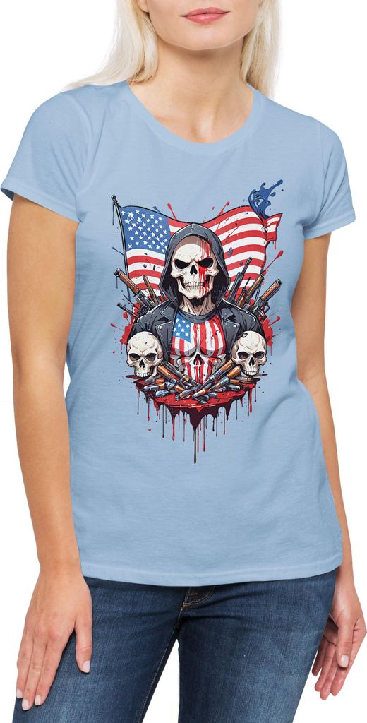 Urban Backwoods American Vigilante Skull, Damen T-Shirt, Farbe: Hellblau, Größe: S