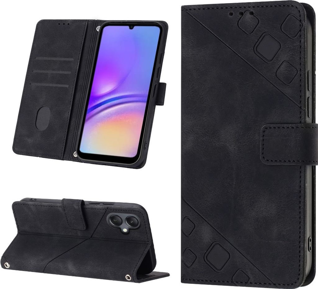 Hülle für Samsung Galaxy A05 Prägung Flip Leder Brieftasche Schutzhülle mit Ständer Schwarz