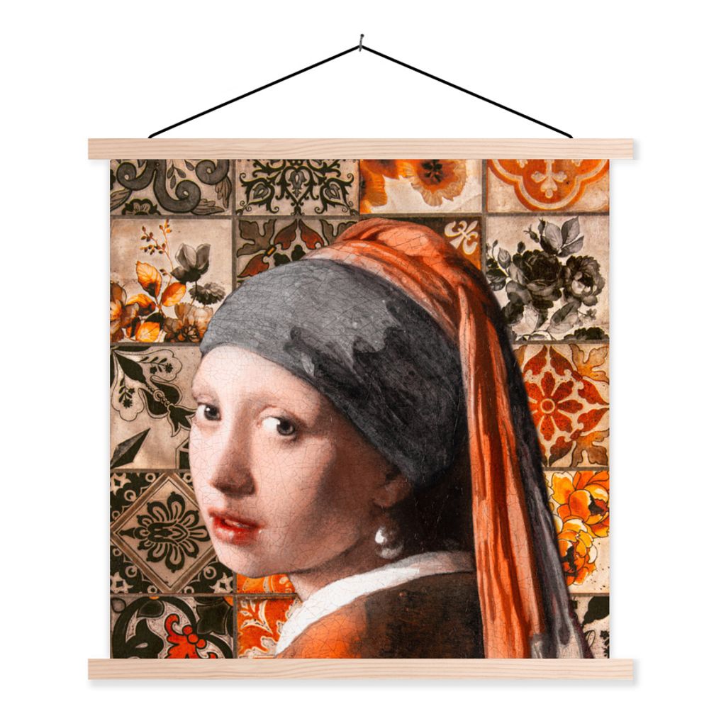 MuchoWow Textilposter Das Mädchen mit dem Perlenohrring - Kacheln - Orange - Schwarz 60x60 cm mit holzfarbenen Rahmen - Wanddekoration