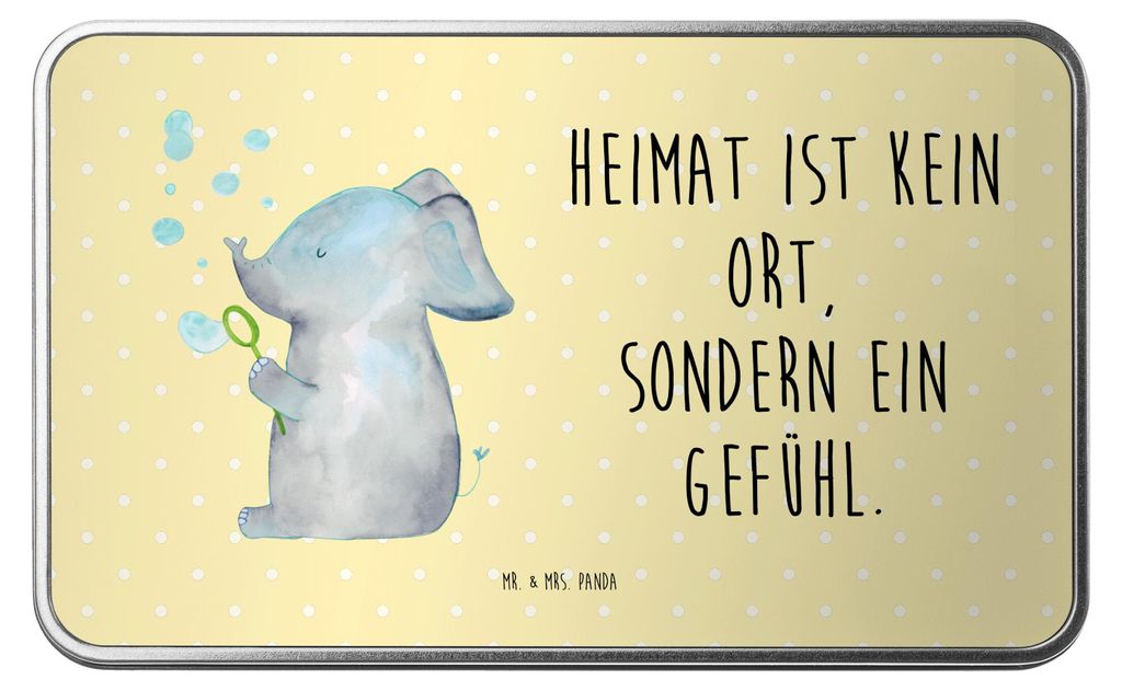 Mr. & Mrs. Panda Geschenkbox Elefant Seifenblasen - Gelb Pastell - Geschenk, Metalldose, Liebesspruch, Elefanten, Küchenbehälter, Lustige Sprüch...