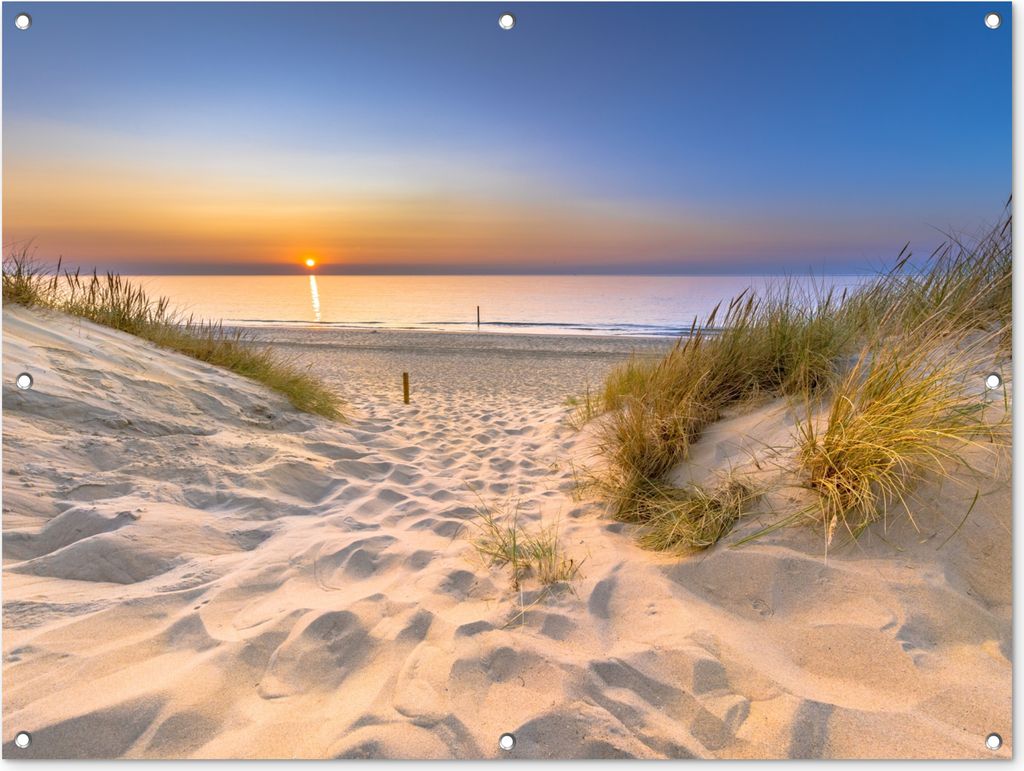 MuchoWow 120x90 cm Outdoor-Poster Gartendeko Sichtschutz Garten Poster für den Garten Düne - Sonnenuntergang - Horizont - Strand - Gras