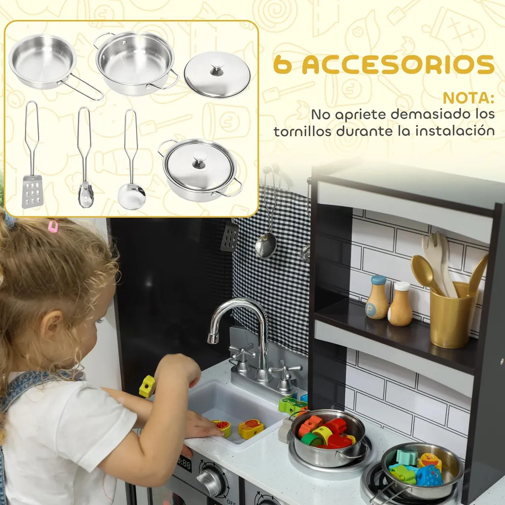 Cuisine enfant bois MDF durable et stable marron café avec accessoires - 6
