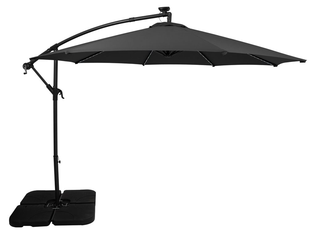 LED Ausleger-Sonnenschirm 3m Grau Bananenschirm mit quadratischem Beschwerungsfuß Garten Sonnenschutz Terrasse Außenbereich UV-Schutz Kurbelgriff...