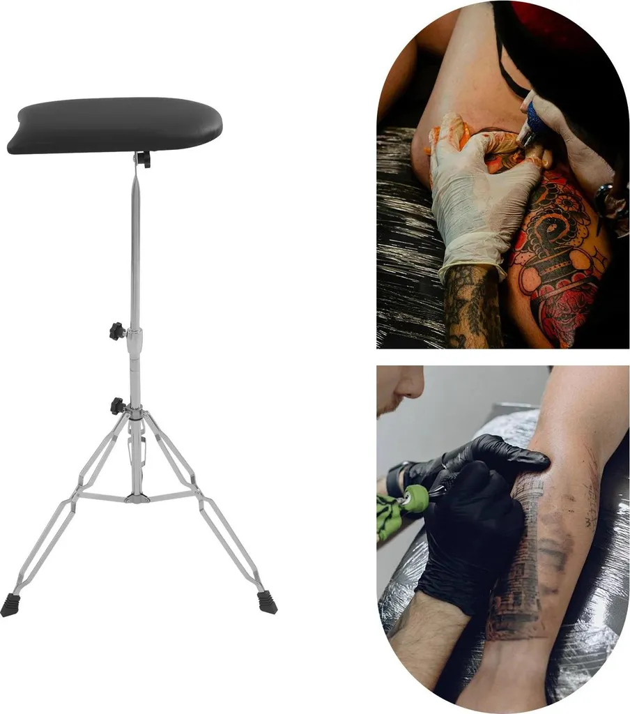 Repose-bras tatouage trépied en acier noir - Hauteur réglable et robuste