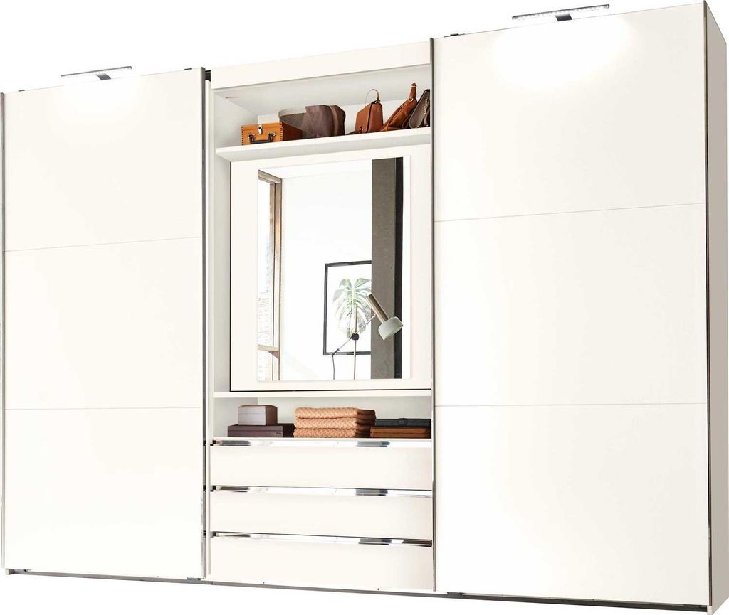 Schwebetürenschrank Magie Kleiderschrank 300x65x216cm weiß drehbares Spiegelelement