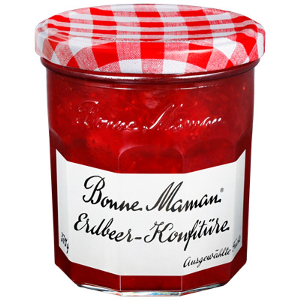 A jar of Bonne Maman strawberry jam with a red and white checkered lid.