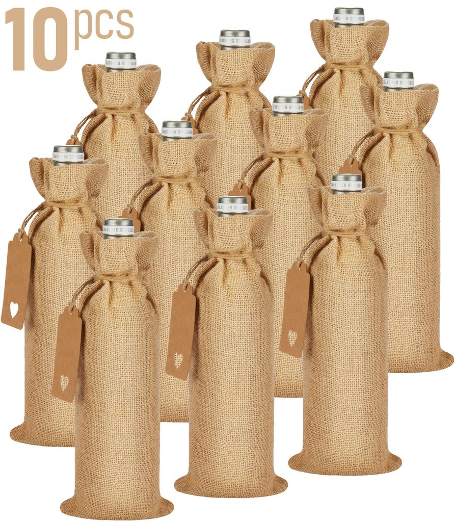 BRUBAKER Weinbeutel für Weihnachten - Einfarbig - 36 cm x 17 cm Jutesack - Weintasche Sack Geschenk für Wein, Sekt - Flaschenbeutel, 10 Stück