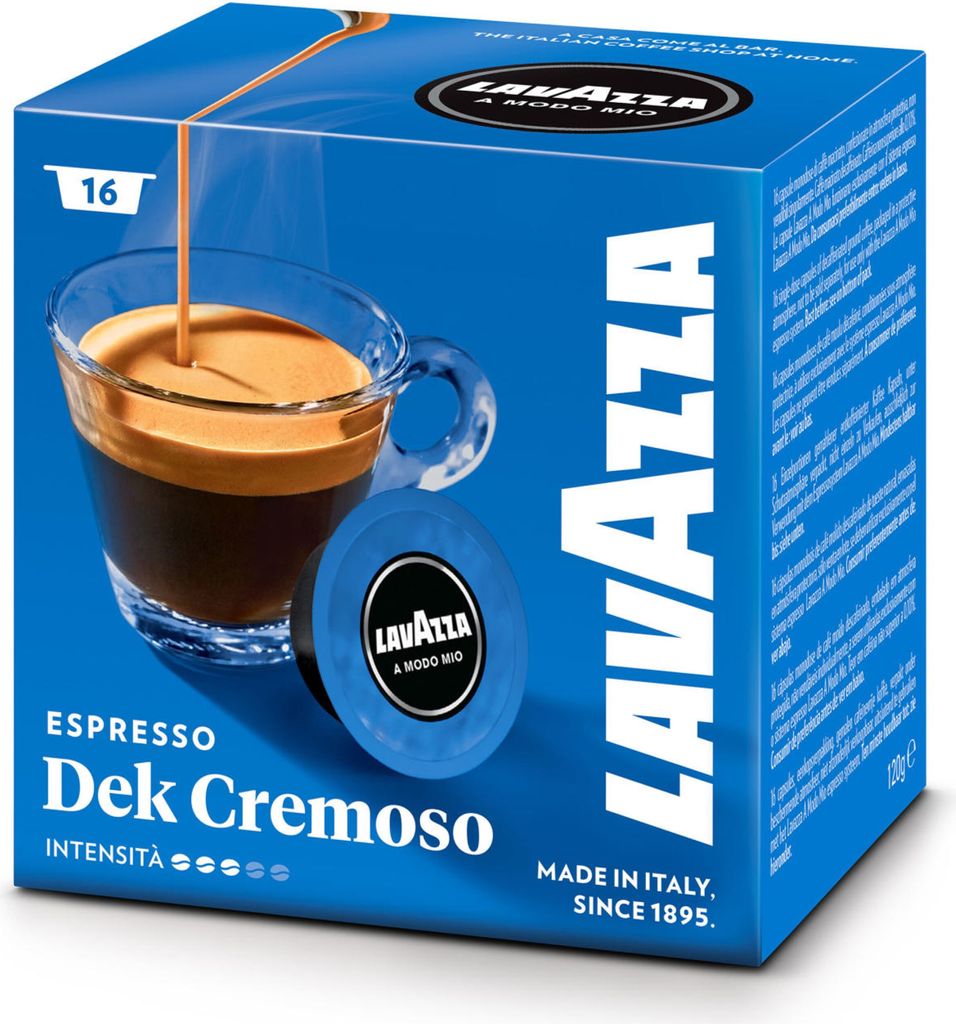 A box of Lavazza A Modo Mio Dek Cremoso espresso capsules.