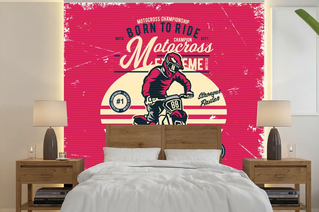 MuchoWow Fototapete für Wohnzimmer oder Schlafzimmer Wandtapete Vinyl Motivtapete Motocross - Mann - Zeichnung - Retro - 300x300 cm - Wanddekora...