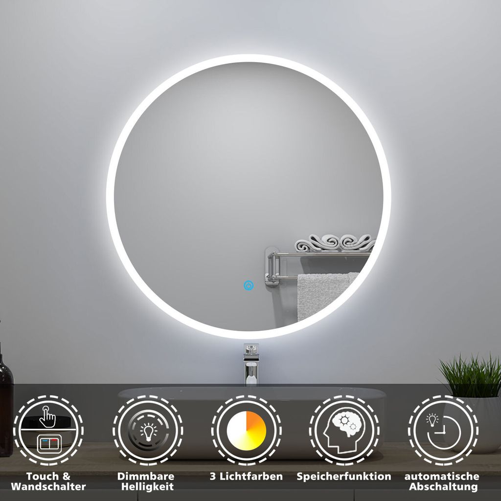 LED Rund Badspiegel 40cm 3 Lichtfarbe 3000K-6000K Dimmbar Memory-Funktion Badezimmerspiegel mit Touch/Wandschalter IP44