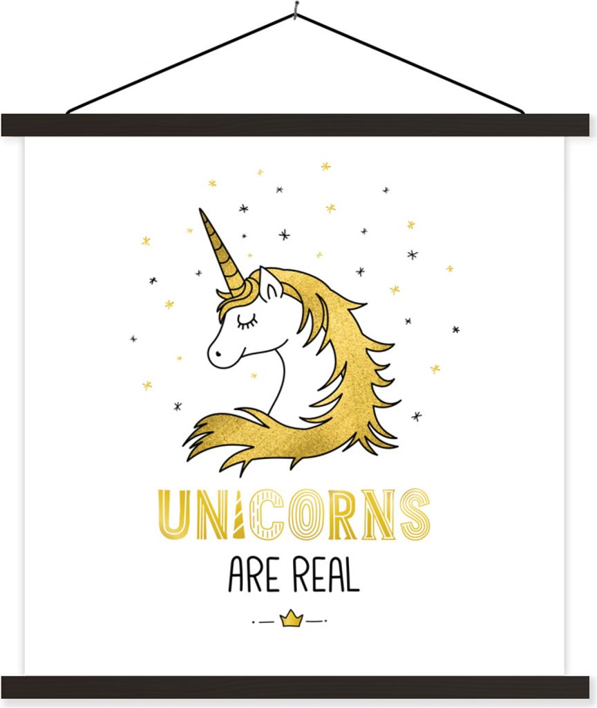 MuchoWow Textilposter Eine Illustration eines weiß-gelben Einhorns - Mädchen - Kinder 120x120 cm mit schwarzem Rahmen - Aufhängungsset