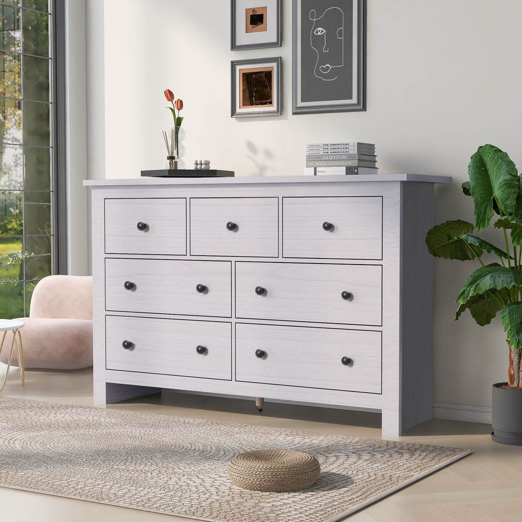 okwish Sideboard, Anrichte, Küchenschrank, Aufbewahrungsschrank, Anrichte, Standschrank, Schubladenschrank, 7 Schubladen, Wohnzimmer, Weiß, 140 x...
