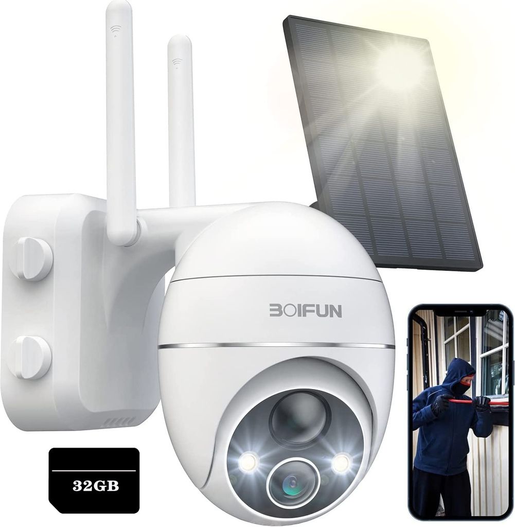 2K 3MP Überwachungskamera Aussen, 355°/120° Pan Tilt solar Kamera, 15000mah AKKU, mit 32GB TF Karte, Bewegungserkennung, Alarmanlage, Farbnachts...
