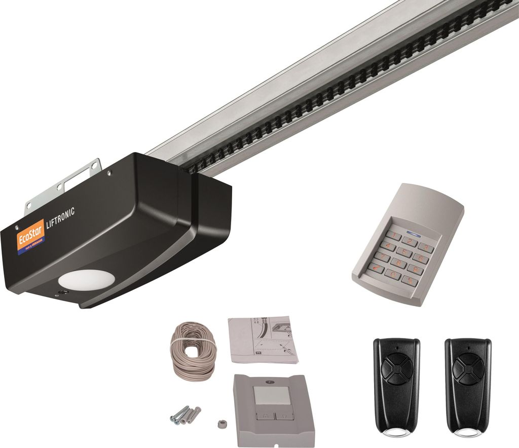 A garage door opener system and its accessories are displayed against a white background.