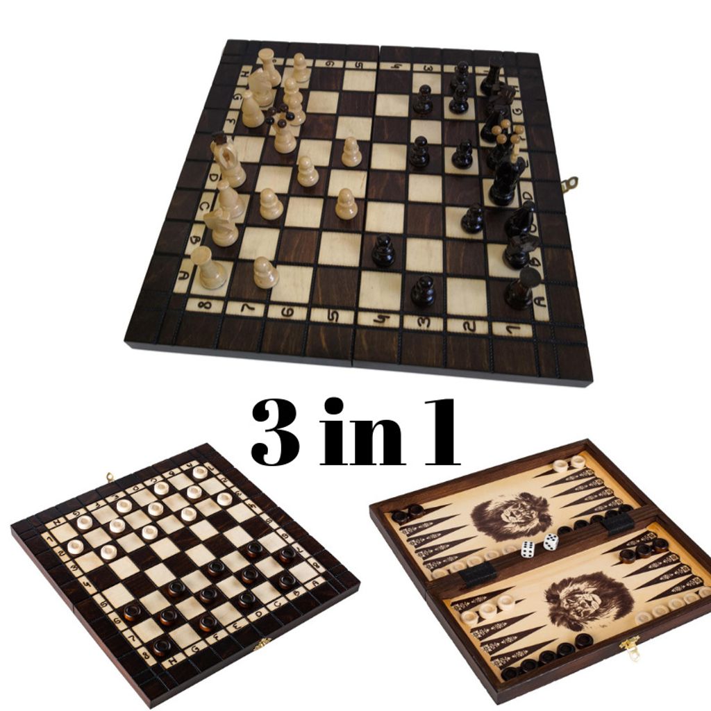 Largefolding Holz 34cm 3 in 1 Schach Backgammon & Damespiel & Dame 