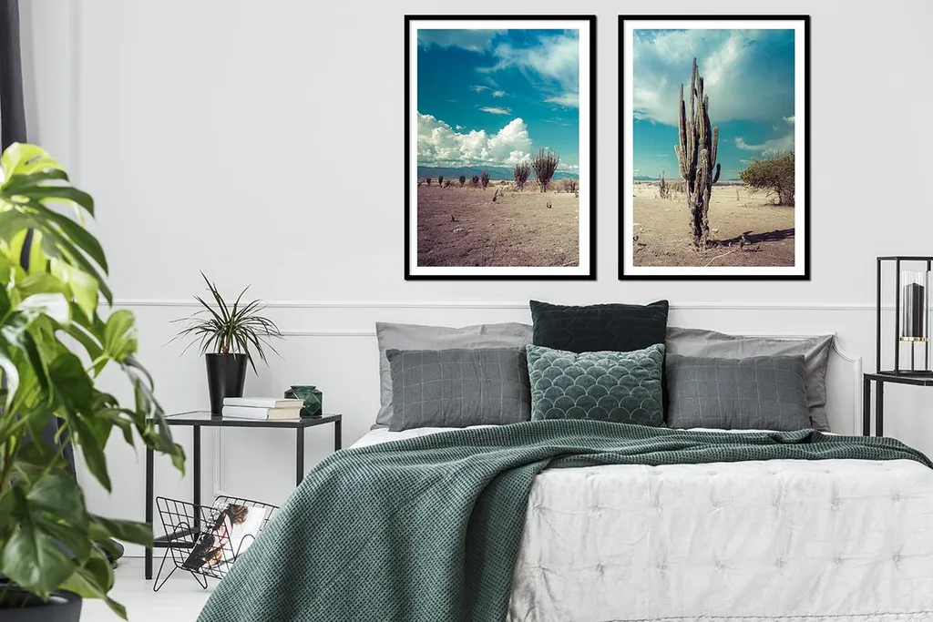 Set de 2 Tableaux Décoratifs Cactus Boho Encadrés Format 53x73 cm