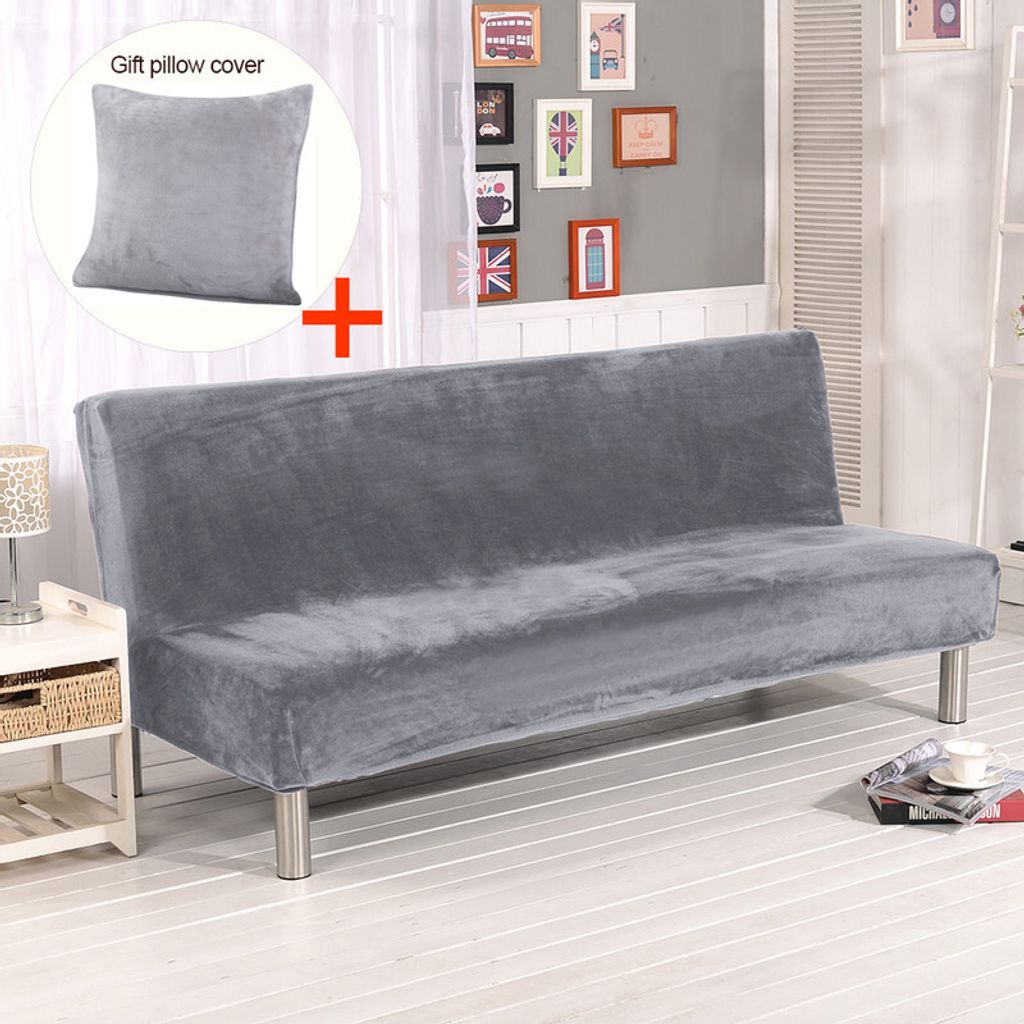 Armlose Schlafsofa-Bettdecke Polyester Elasthan Stretch Futon 3-Sitzer Schonbezug mit Kissenbezug, 80 x 50 cm, Silber