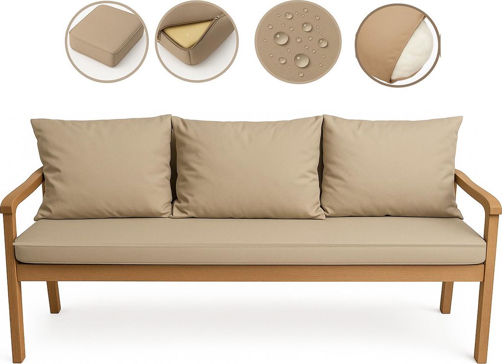 A beige sofa with cushions on a white background, with four circular insets showing details of the cushions.