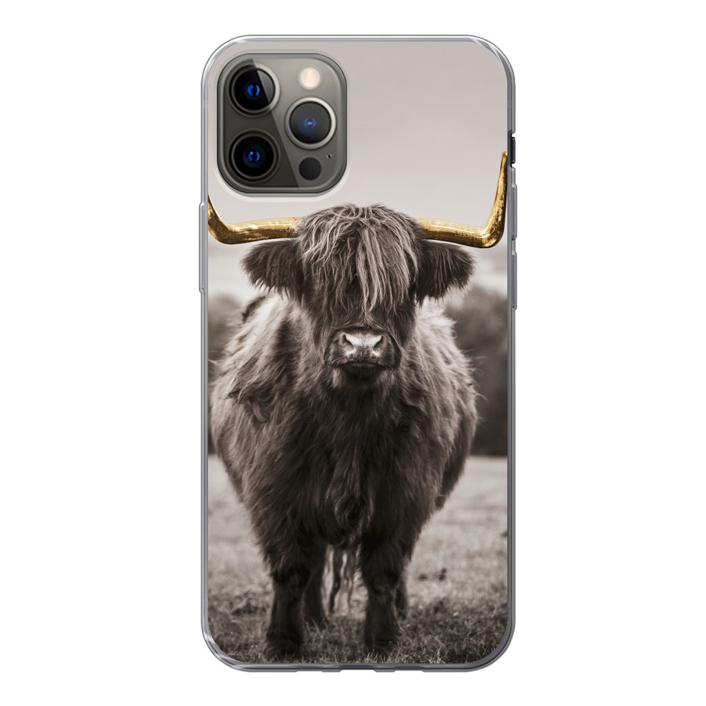 MuchoWow Handyhülle Schutzhülle Hülle für iPhone 12 Pro Schottischer Highlander - Gold - Hörner Silikon Softcase Handy Hülle - Abdeckung