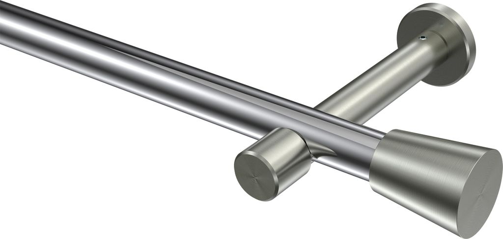 Interdeco Gardinenstange / Vorhangstange Chrom / Edelstahl-Optik, Typ Prestige Sitra (Konus) ohne Ringe, 20 mm Ø 1-läufig, 180 cm