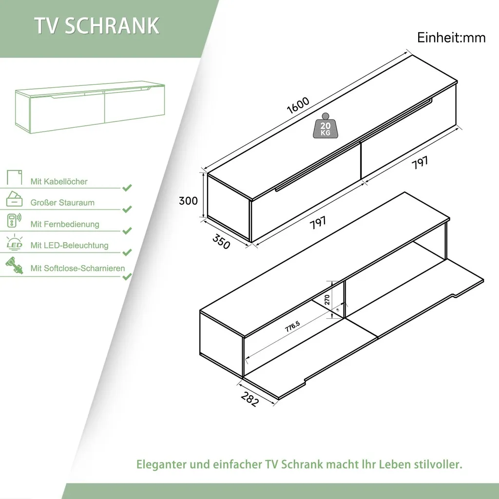 Meuble TV Suspendu Blanc Brillant LED SONNI 160 cm - Rangement Mural - 5