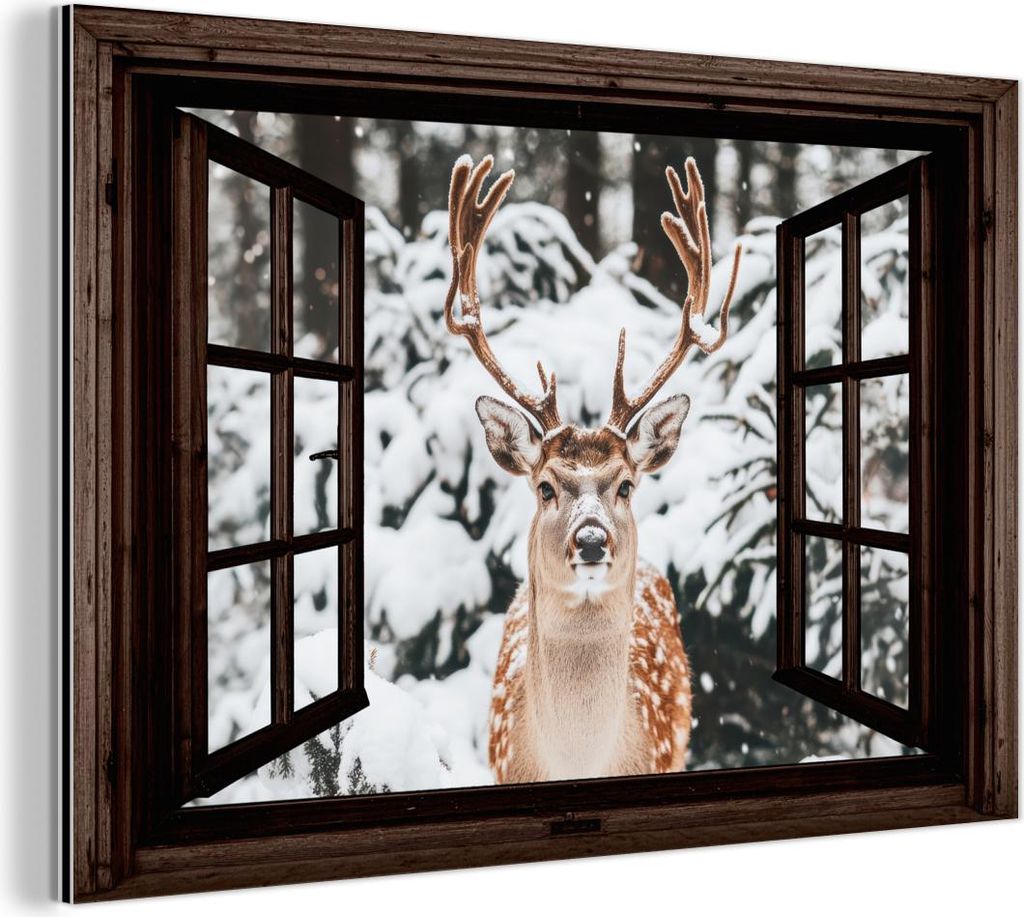 MuchoWow Wanddekoration Metall Metallbild Wandkunst 30x20 cm Hirsche - Schnee - Winter - Wald - Tiere - Durchblicken MuchoWow Aluminium Gemälde - ...