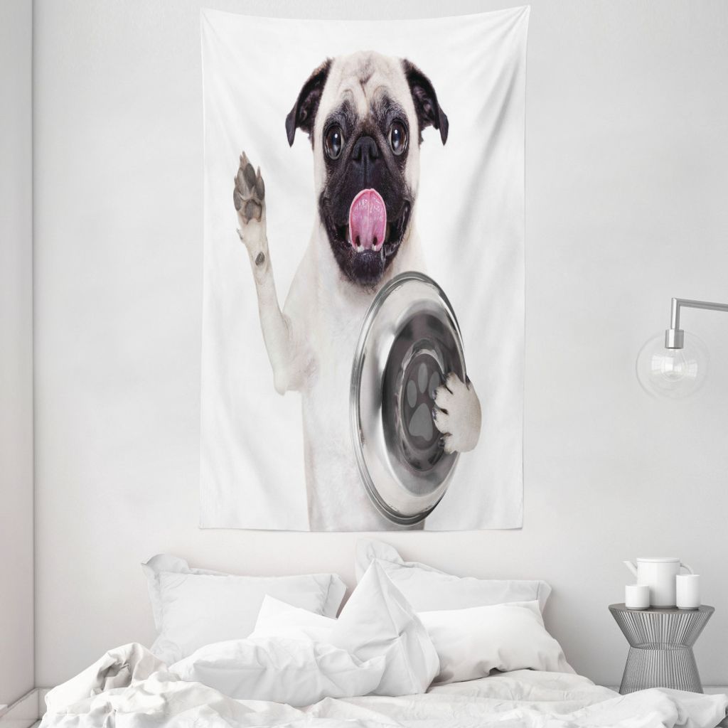 ABAKUHAUS Mops Wandteppich und Tagesdecke, Hund Halten Futternapf aus Weiches Mikrofaser Stoff Waschbar ohne Verblassen Digitaldruck, 140 x 230 cm,...