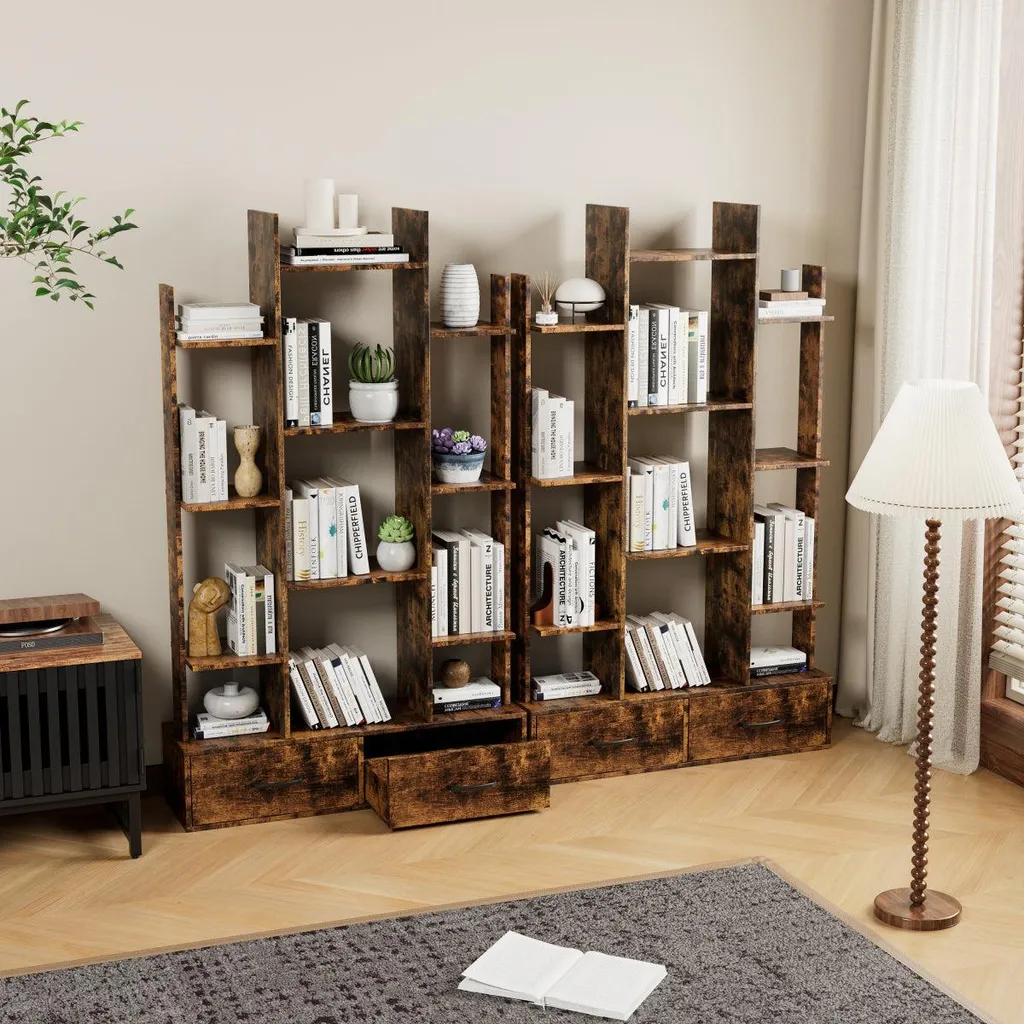 Bibliothèque 12 compartiments style rustique avec tiroirs de rangement - 8