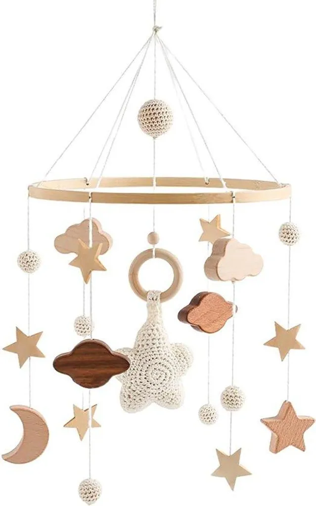 Mobile musical en bois beige nuages anti-pleurs sommeil de bébé