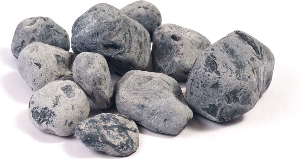 A pile of gray and black stones on a white background.