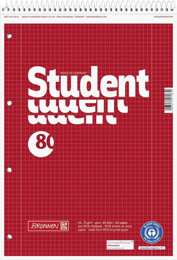 Cahier A4 Brunnen 106781201 : ne perdez plus vos notes grâce aux 4 trous