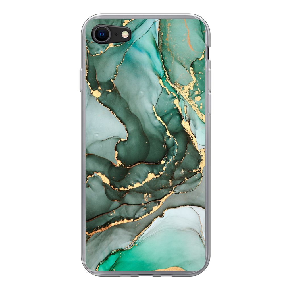 MuchoWow Handyhülle Schutzhülle Hülle für iPhone 7 Gold - Marmor - Grün - Luxus - Marmoroptik - Grau Silikon Softcase Handy Hülle - Kartenh...