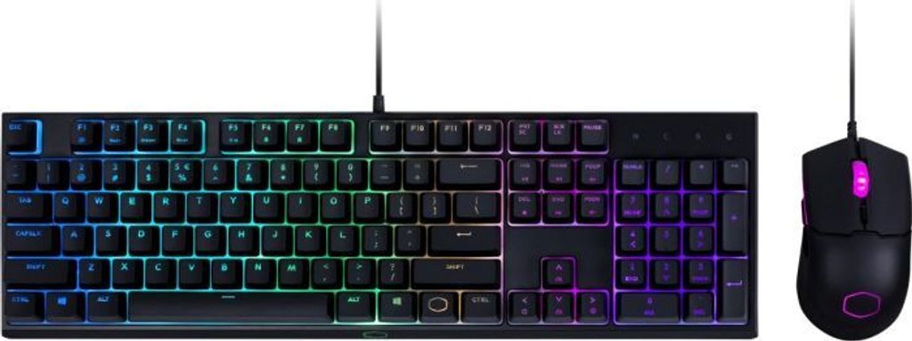A black gaming keyboard and mouse set with RGB lighting.