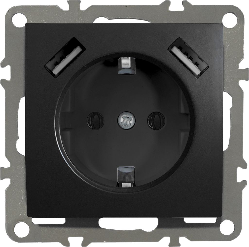 Schuko Steckdose 230V mit 2 x USB QUADRA schwarz Produktbild 