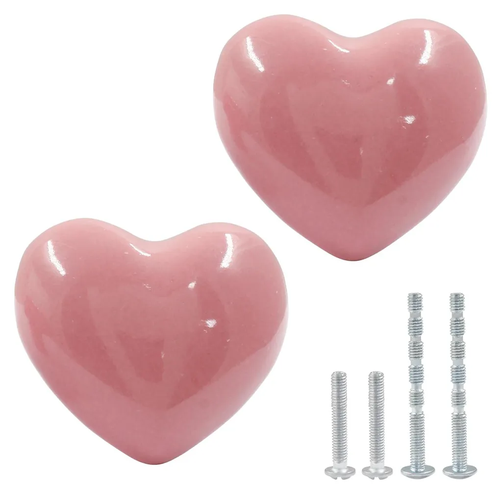 Boutons de Meuble Cœur pour Chambre d'Enfant - Céramique Rose Lot x2