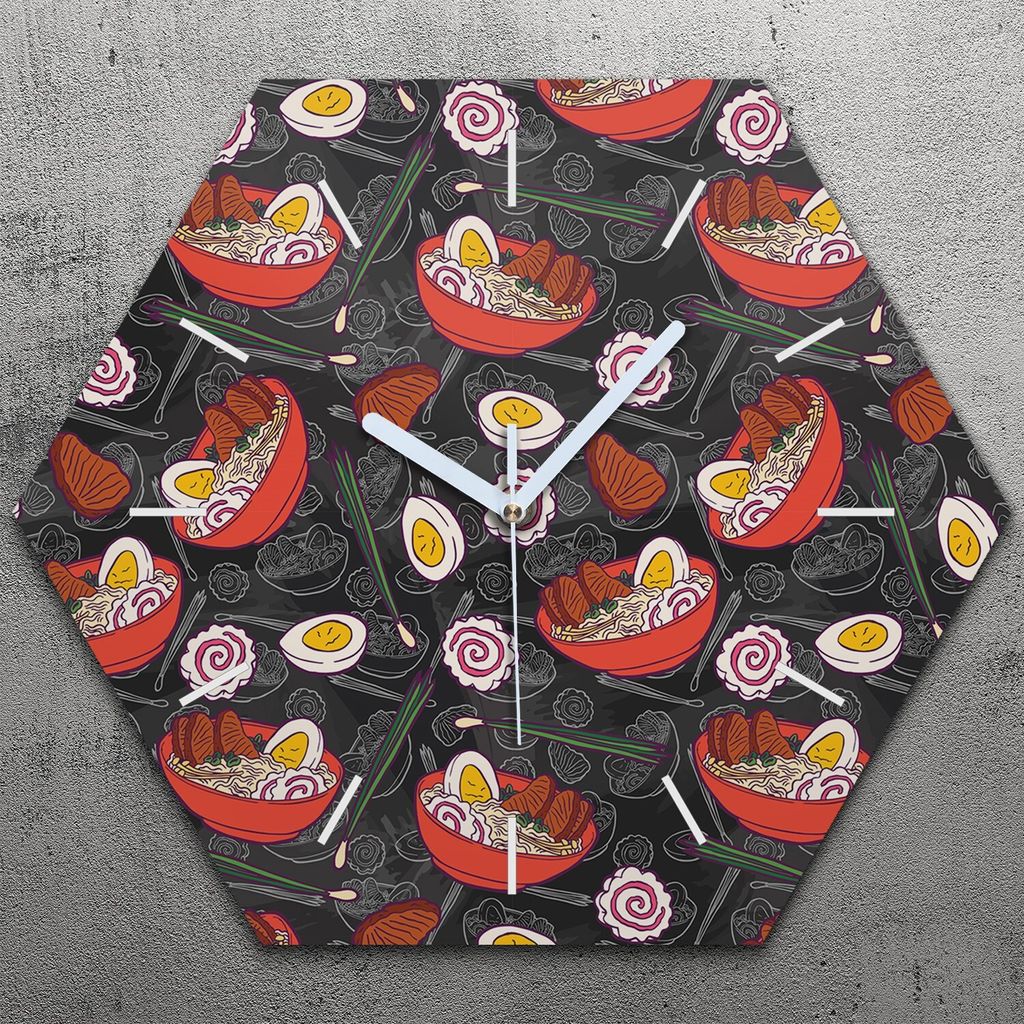 Uhr hexagonal 40 cm Glas Geräuschlos weiße Zeiger - Ramen Suppe mit Nudeln