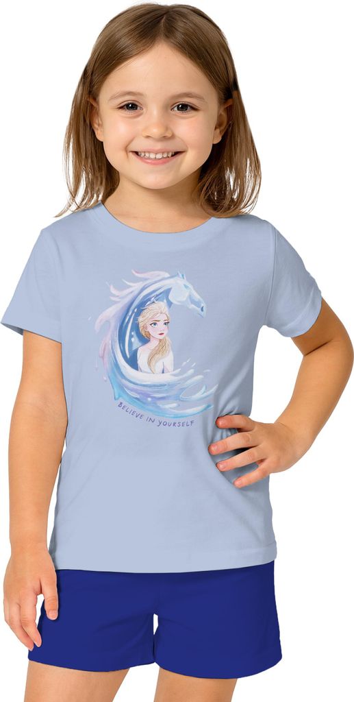 Disney Frozen - Die Eiskönigin Schlafanzug für Mädchen - Believe in yourself - Kinder Pyjama Set Kurzarm Oberteil mit Hose Blau 122-128