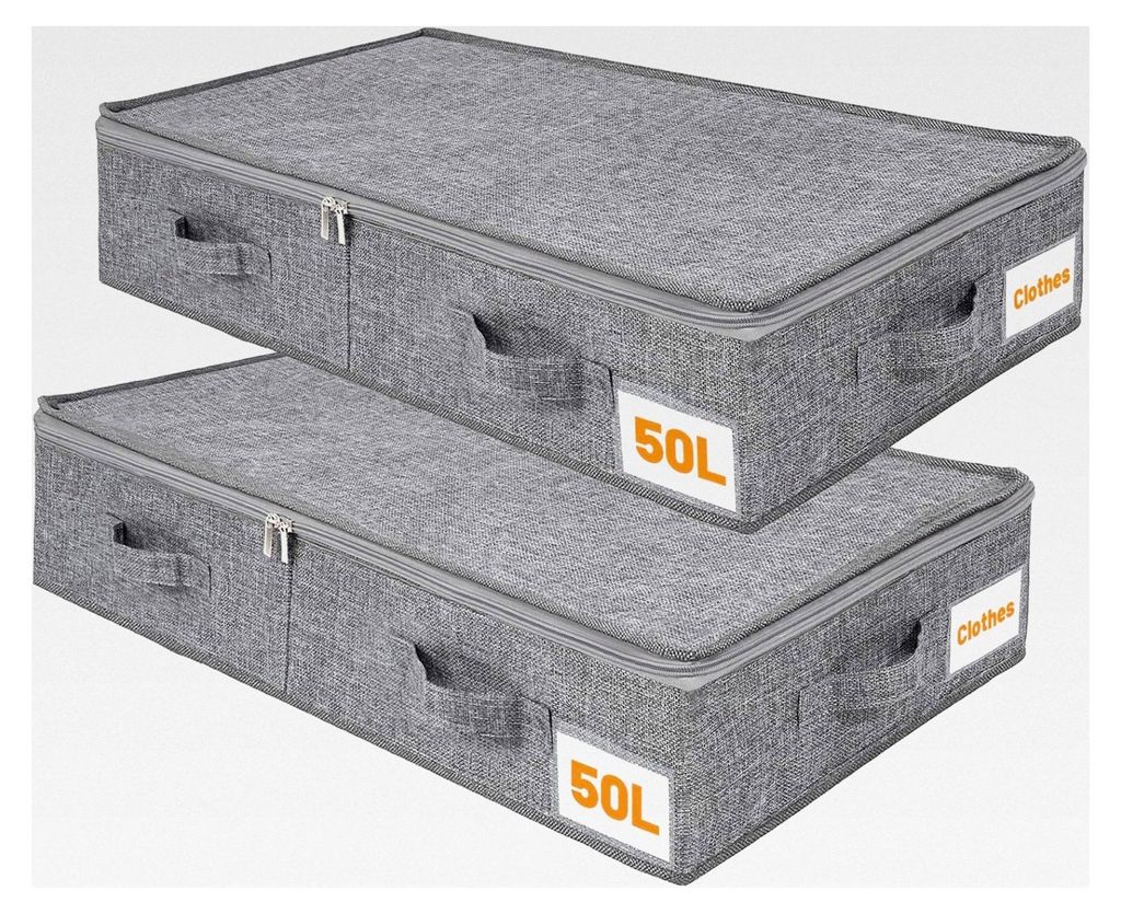 2er Set 50L Unterbett Aufbewahrungsbox mit Deckel, Faltbare Leinen Aufbewahrungsbox mit stabilen Seitenwänden und Boden, Unterbettschubladen mit 4...