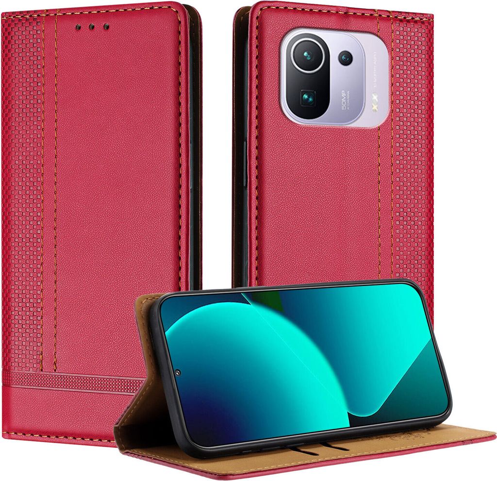Handyhülle für Xiaomi 11 Pro Leder Flip Klappbare Schutzhülle mit Standfunktion Rot
