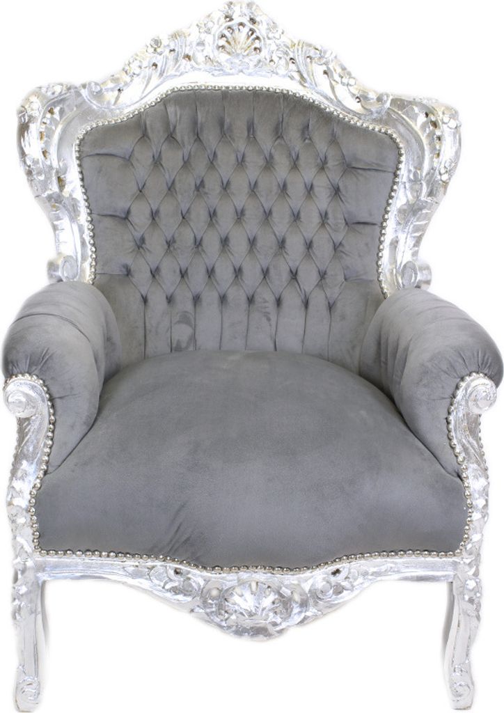 Barocksessel Barock Sessel Barockstuhl Armlehne Grau Silber Stoff Esszimmer Wohnzimmer Büro Flur Schminkstuhl Klassisch Barock Stuhl Premium Luxus