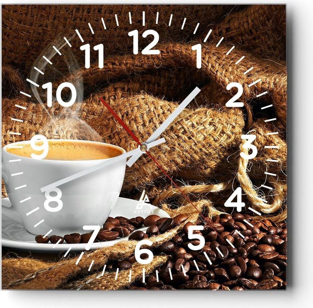 Wanduhr - Quadrat - Glasuhr - Cappuccino Tasse Körner Beutel - 30x30cm - Schleichendes Uhrwerk - Lautlos - zum Aufhängen bereit - Dekoration Mode...