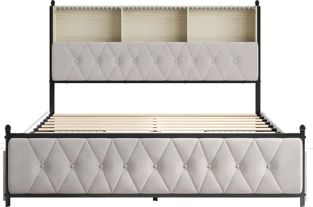 Lit LED 160x200cm en velours beige avec 4 tiroirs et sommier à lattes Cosy