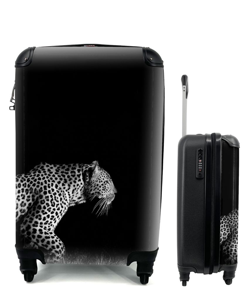 MuchoWow Koffer Handgepäck Trolley Rollkoffer Kleine Reisekoffer mit 4 Rollen - Wildtiere - Leopard - Gras - Schwarz - Weiß - Cabin Size < 55x4...